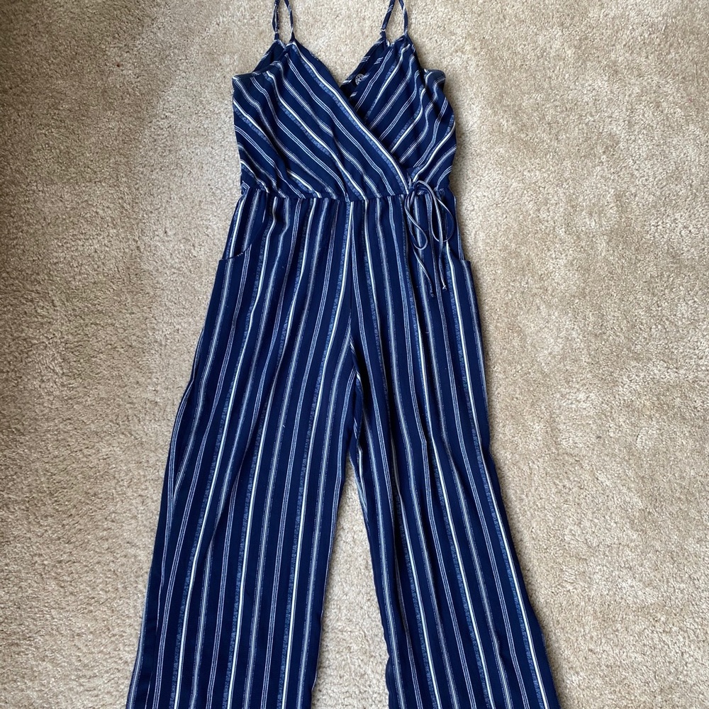 Navy and White Striped Pantsuit w Wrap Tie Detail